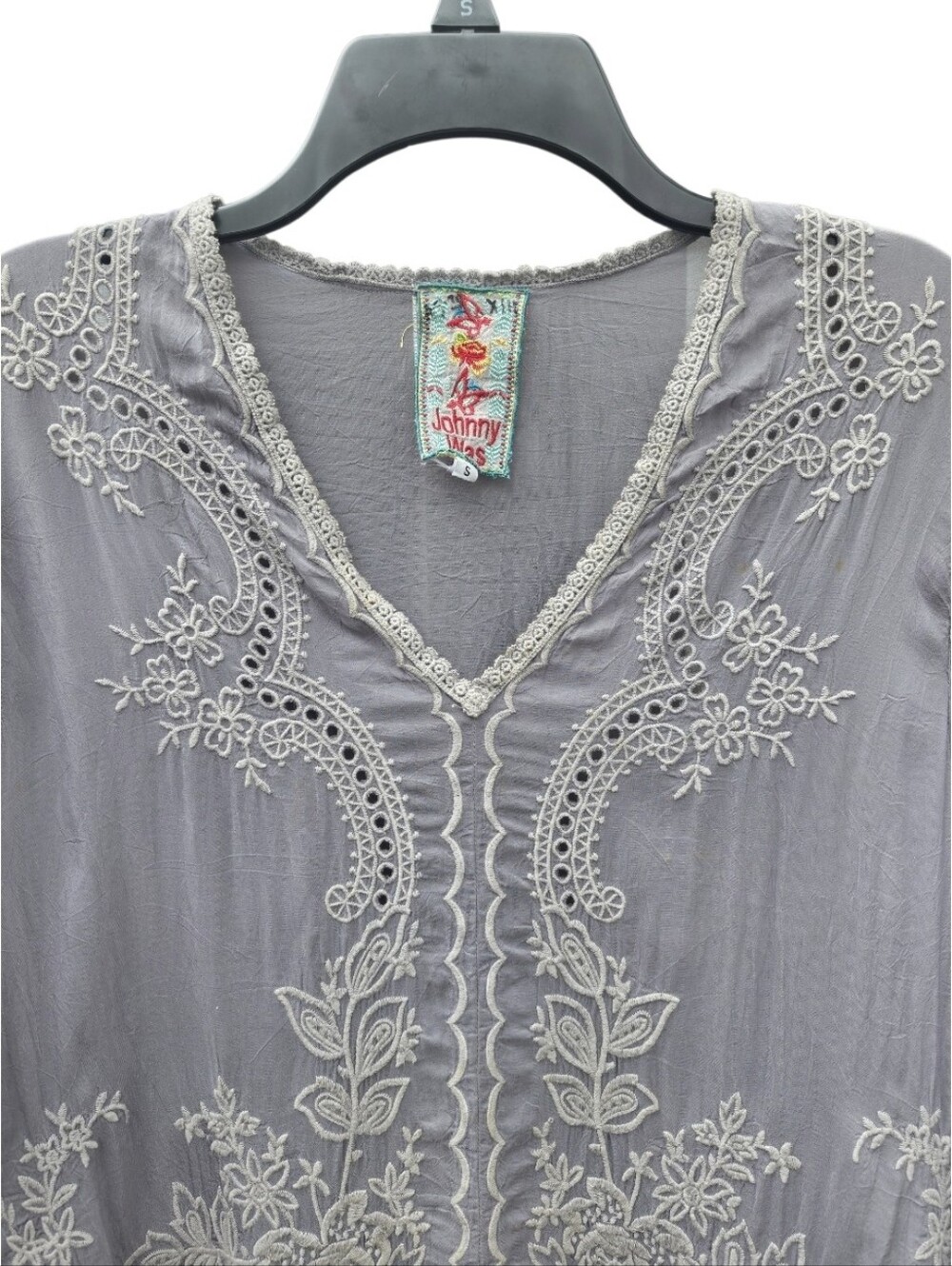 Johnny Was Grey Embroidered Eyelet Tunic Top Blouse Size S Boho - Picture 2 of 7